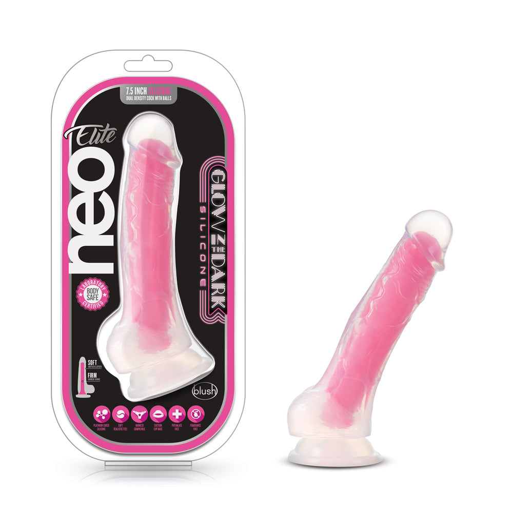 Neo Elite Glow In The Dark 7.5" Silicone Dual Density Cock With Balls Neon