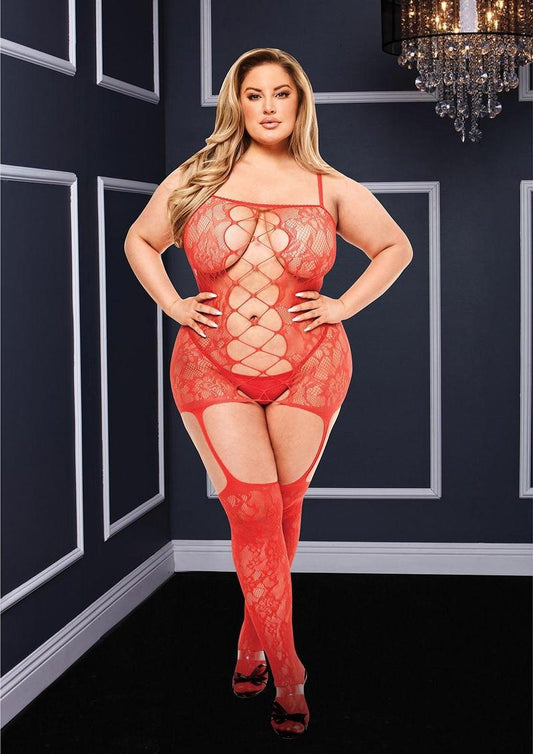 CORSET FRONT SUSPENDER LACE BODYSTOCKING