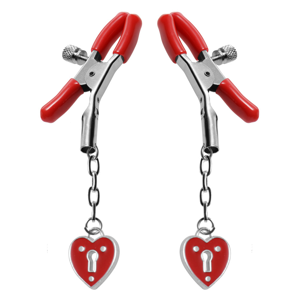 Master Series Crimson Tied Charmed Heart Padlock Nipple Clamps