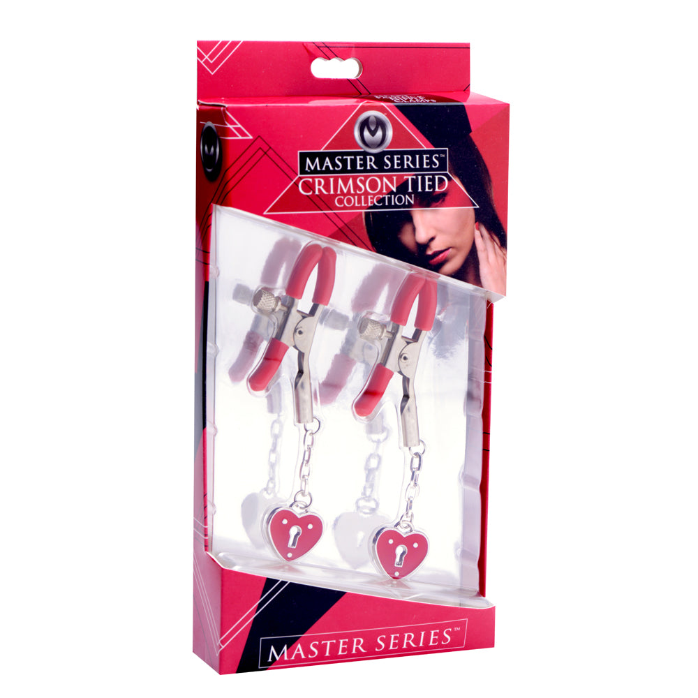 Master Series Crimson Tied Charmed Heart Padlock Nipple Clamps