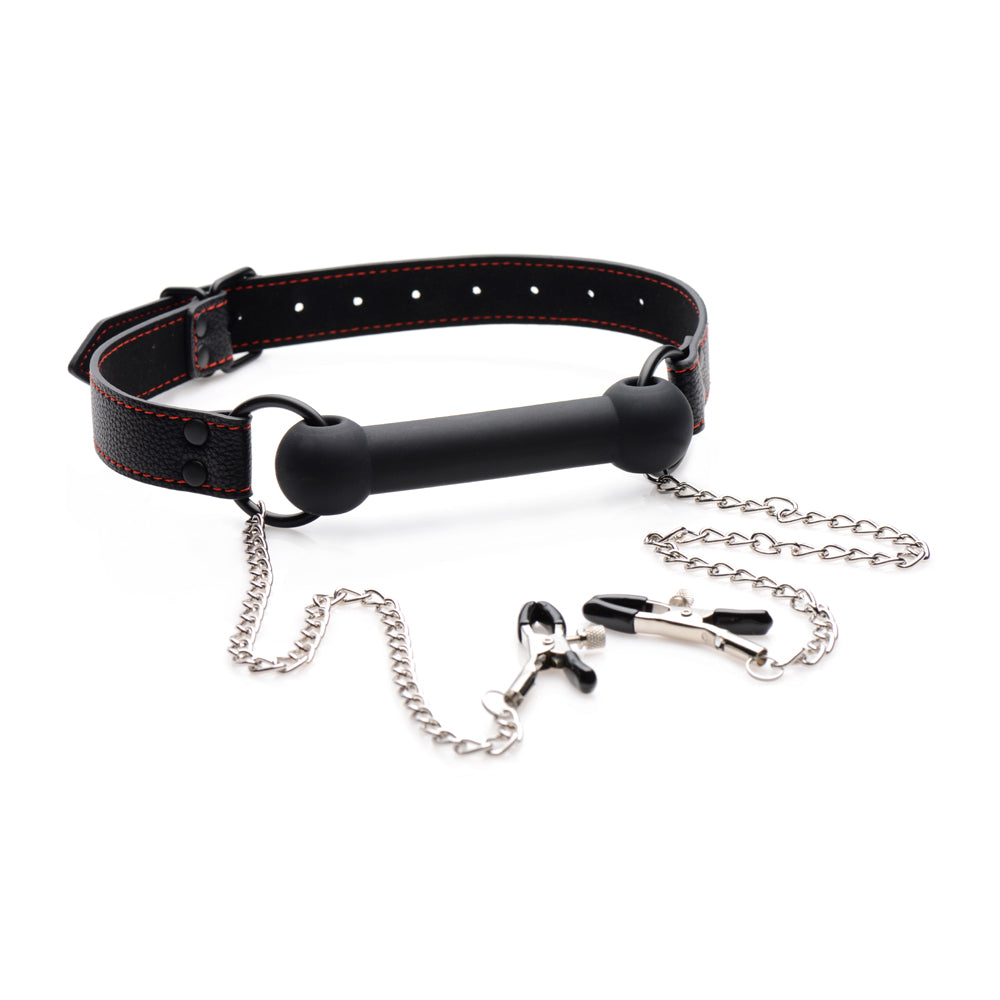 Strict Black Silicone Bit Gag With Nipple Clamps
