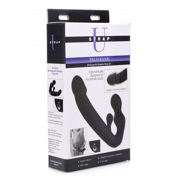 Strap U Tri-Volver 7X Vibrating Strapless Strap On Black