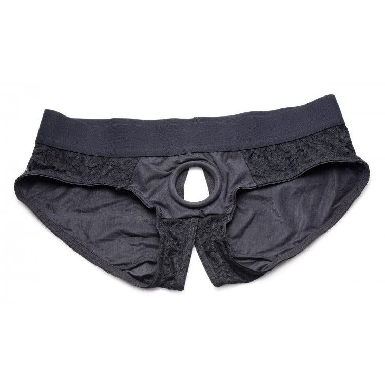 Strap U Lace Envy Lace Crotchless Panty Harness Black/Black S/M
