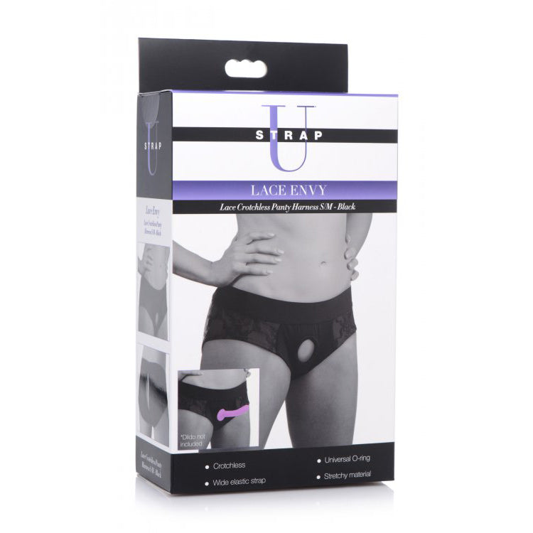 Strap U Lace Envy Lace Crotchless Panty Harness Black/Black S/M