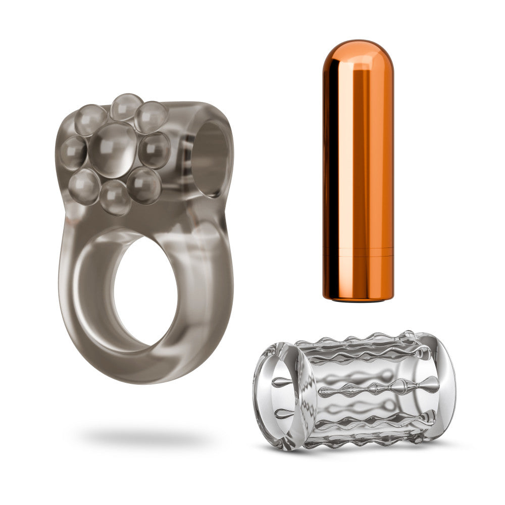 Stay Hard Vibrating Nubby Cock Ring Set With Sleeve