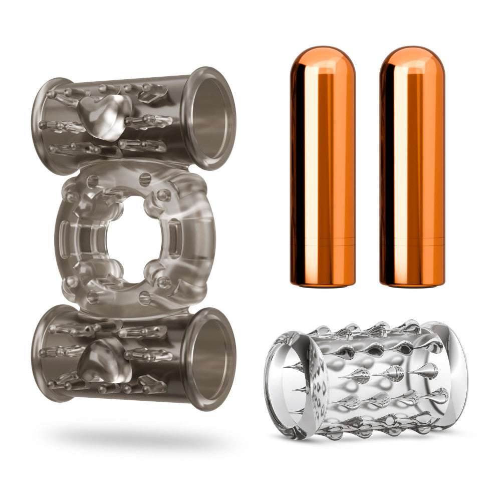 Stay Hard Vibrating Nubby Cock Ring Set With Sleeve And 2 Bullets
