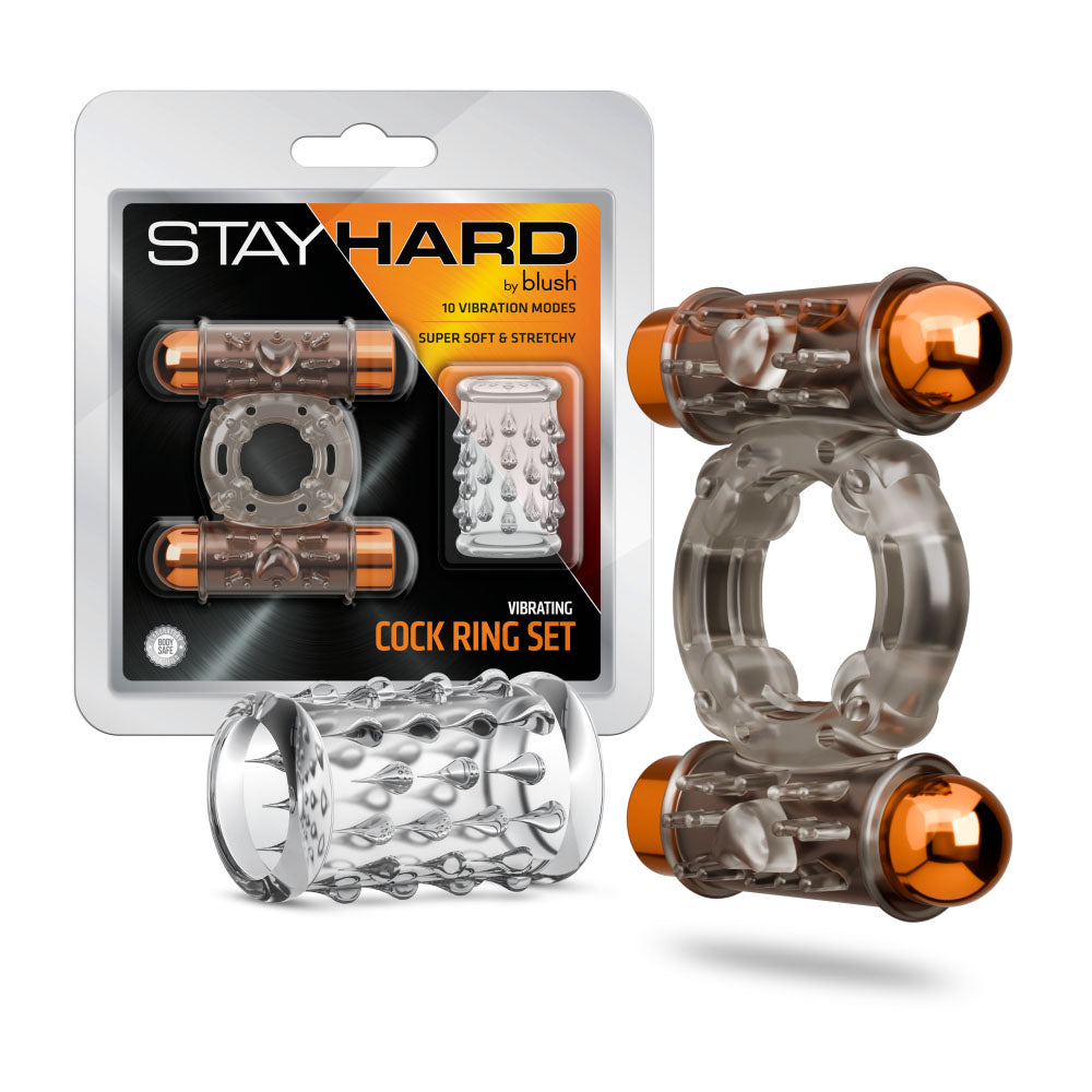 Stay Hard Vibrating Nubby Cock Ring Set With Sleeve And 2 Bullets