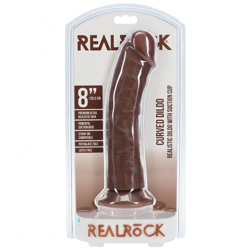 Realrock Realistic Skin Curved Dildo With Suction Cup 8" Brown
