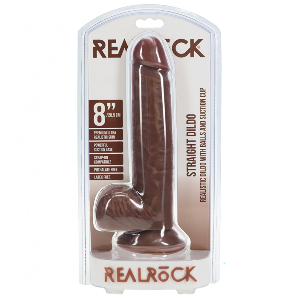 Realrock Realistic Skin Straight Dildo With Balls And Suction Cup 8" Brown