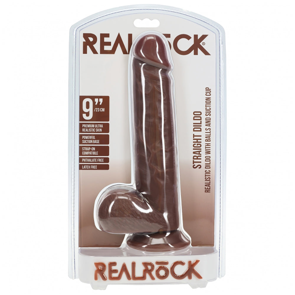Realrock Realistic Skin Straight Dildo With Balls And Suction Cup 9" Brown
