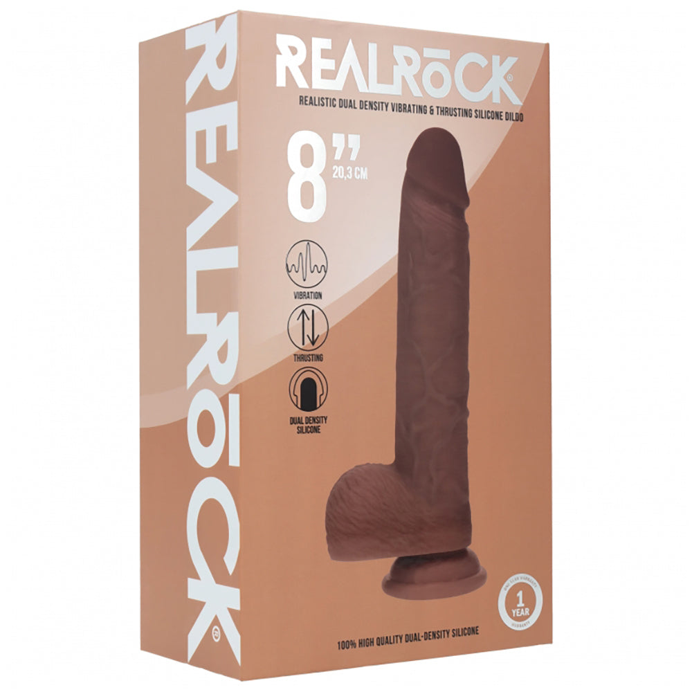 Realrock Dual Layered Realistic Vibrating Thrusting Dildo With Balls 8" Brown
