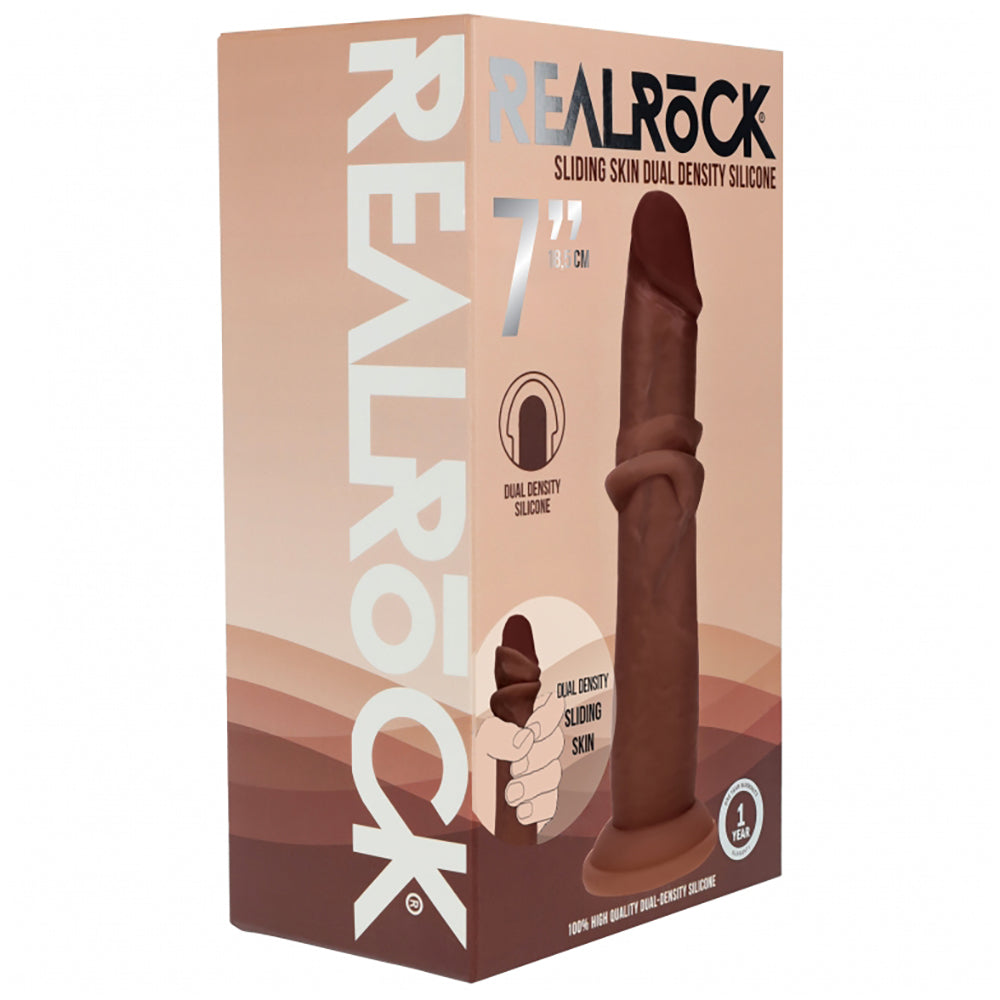 Realrock Dual Layered Realistic Sliding Skin Dildo 7" Brown