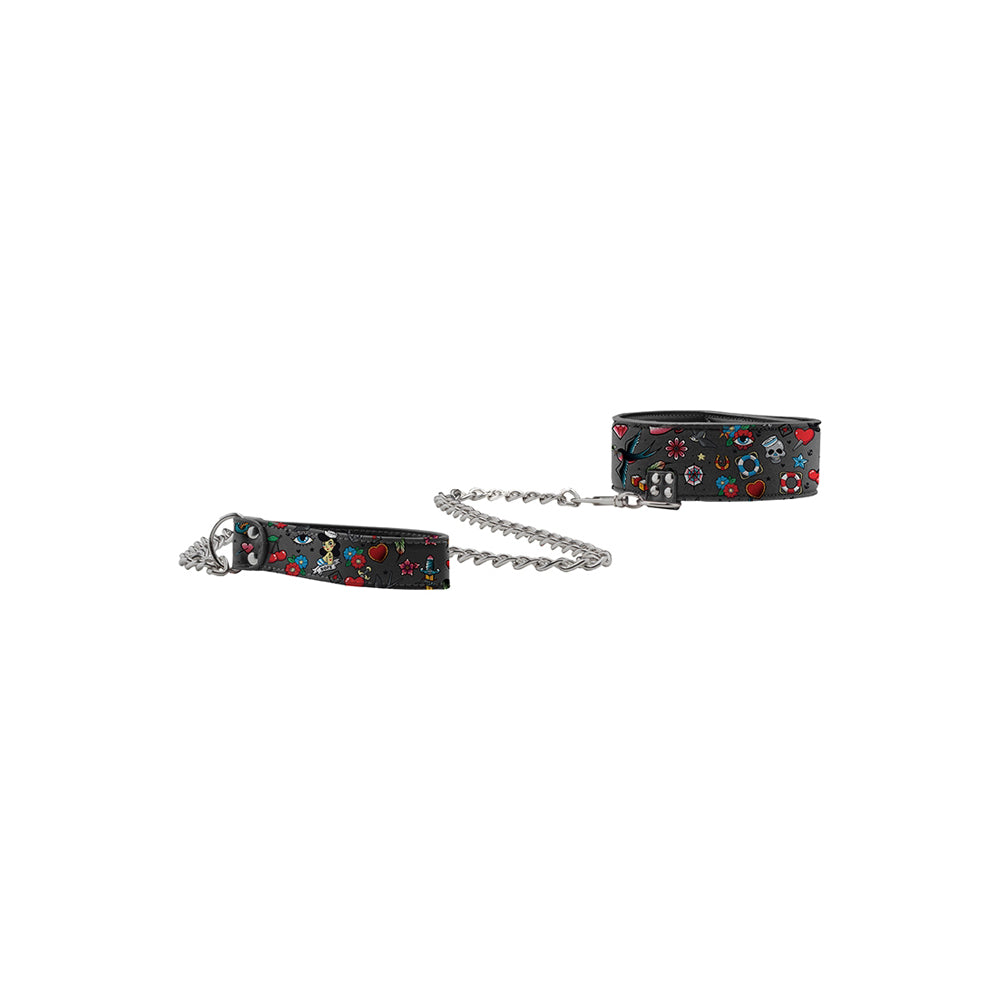 Ouch! Printed Collar With Leash Old School Tattoo Style Black