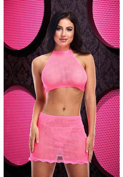 LD JACQUARD CROP TOP & SKIRT SET - HOT PINK