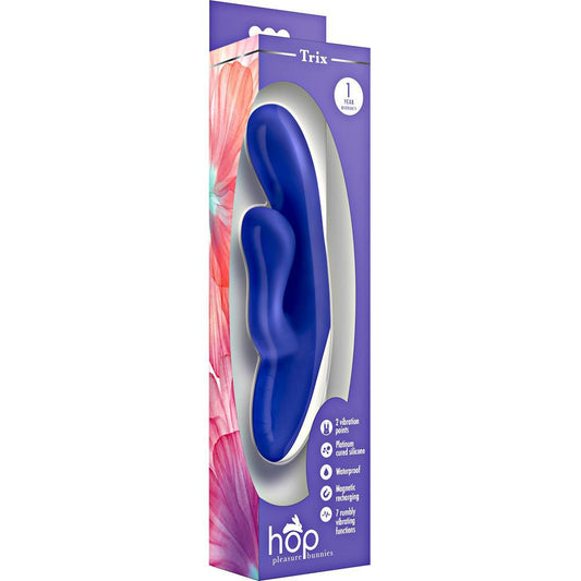 Hop Pleasure Bunnies Trix Silicone Waterproof Vibe, 7", Midnight Blue