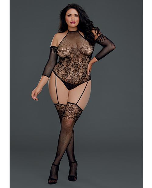 Floral Netted Teddy Bodystocking w/Attached Thigh Highs Black QN