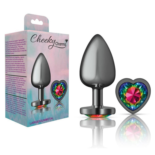 Cheeky Charms Metal Butt Plug Gunmetal Heart Rainbow Large