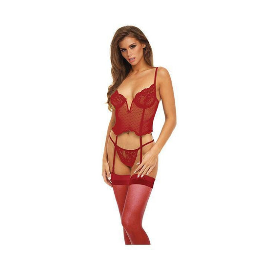 Bombshell Boudoir Lace & Mesh V Wire Corset w/Garters & G - String Red LG - Temptations