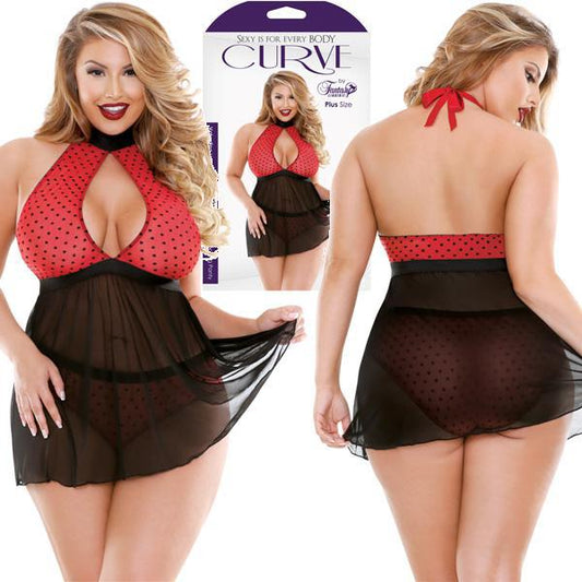 Curve Valentina Flocked Heart Halter Keyhole Front Babydoll with Panty - 1X/2X Boxed