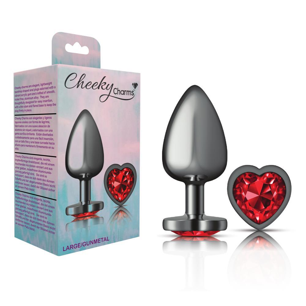 Cheeky Charms Metal Butt Plug Gunmetal Heart Deep Red Large - Temptations