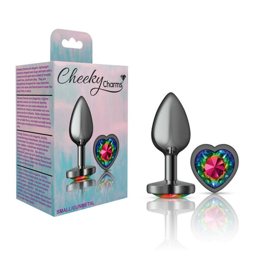 Cheeky Charms Metal Butt Plug Gunmetal Heart Rainbow Small - Temptations