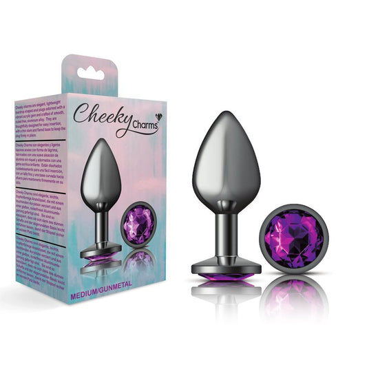 Cheeky Charms Metal Butt Plug Gunmetal Round Deep Purple Medium - Temptations