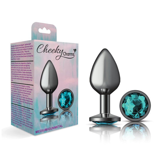 Cheeky Charms Metal Butt Plug Gunmetal Round Teal Medium - Temptations