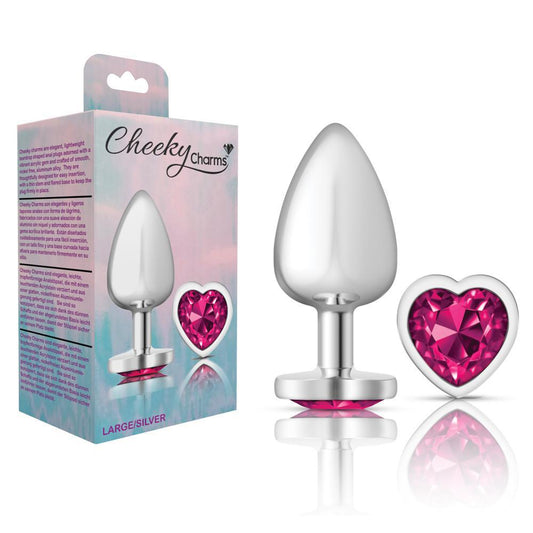 Cheeky Charms Metal Butt Plug Silver Heart Bright Pink Large - Temptations