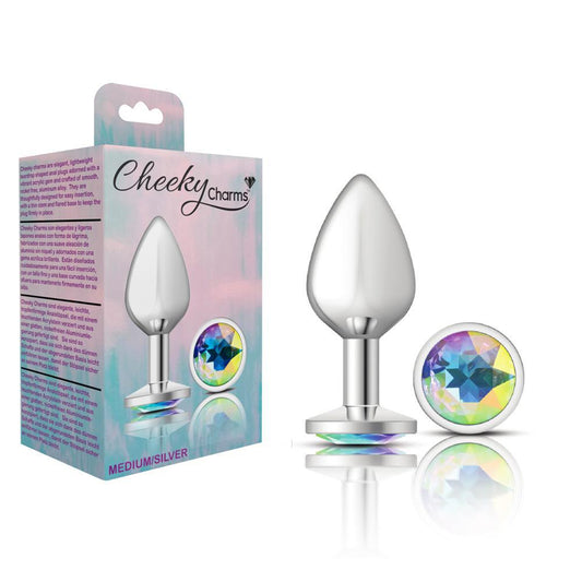 Cheeky Charms Metal Butt Plug Silver Round Clear Iridescent Medium - Temptations