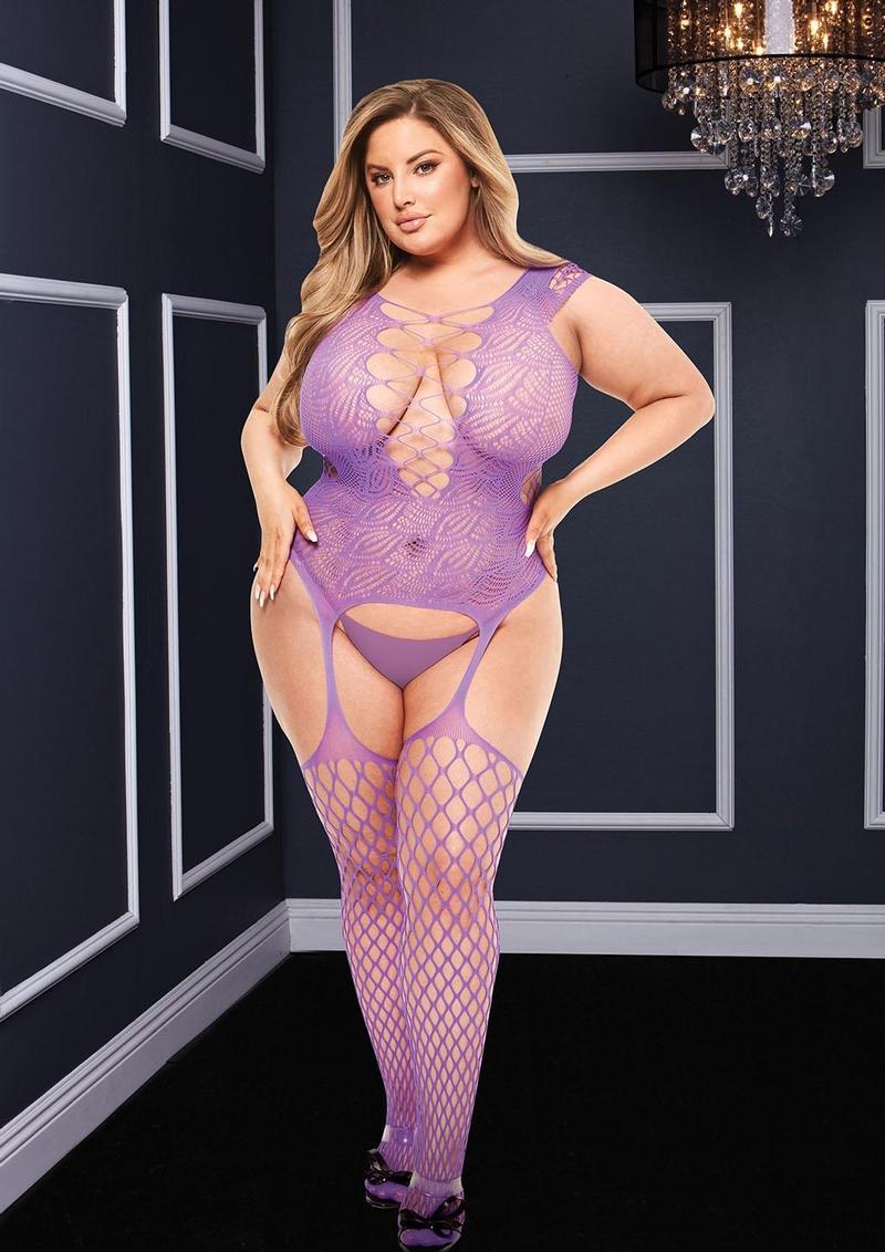CORSET FRONT SUSPENDER FISHNET BSTOCKING Purple Queen - Temptations