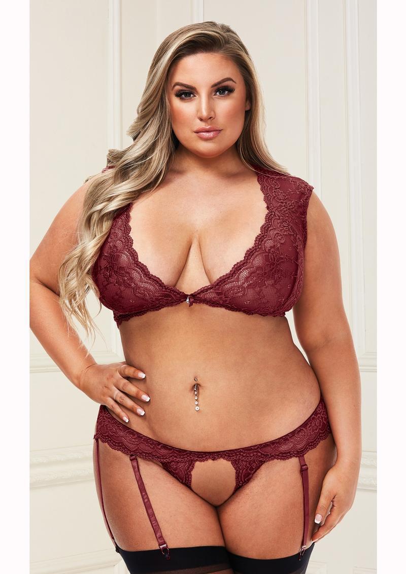 2PC LACE BRA & G-STRING SET WINE Q