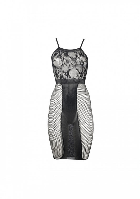 Le Desir Knee-Length Lace And Fishnet Dress Black - Temptations
