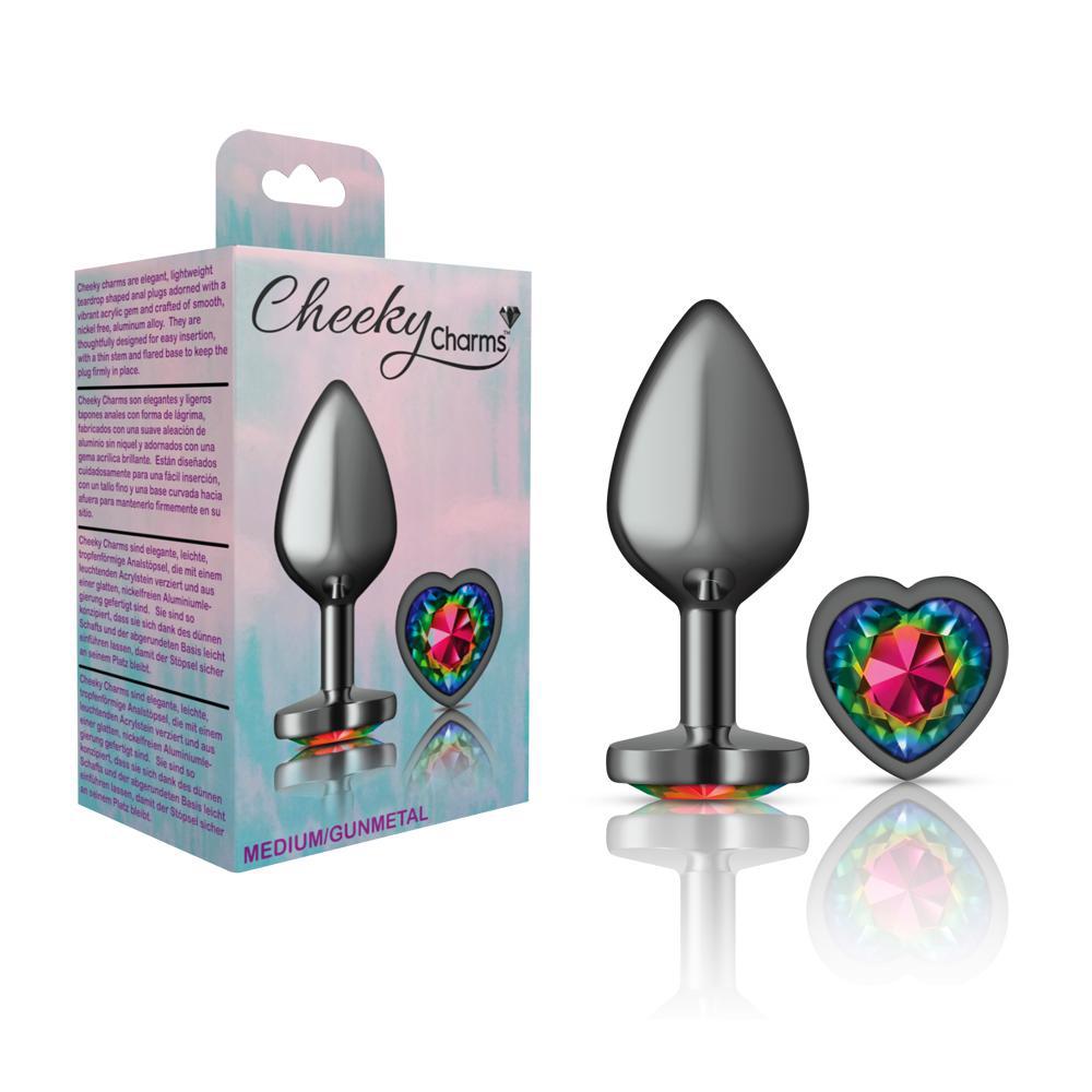 Cheeky Charms Metal Butt Plug Gunmetal Heart Rainbow Medium