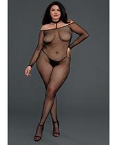 Fishnet Off the Shoulder Bodystocking w/Attached Collar Black QN - Temptations