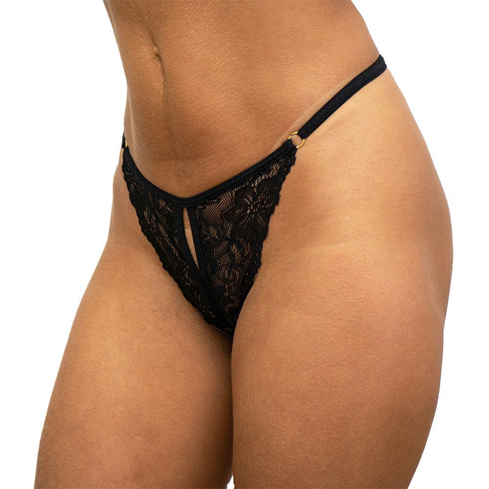 G - String With Lace And Thread Black Crotchless One Size Clasp Adjustable - Temptations