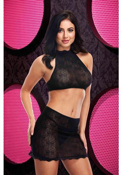 LD JACQUARD CROP TOP & SKIRT SET - BLACK - Temptations