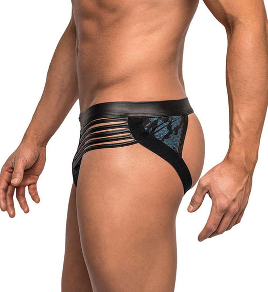Male Power Strapped & Bound Strappy Jock Blue/Black - S/M - Temptations