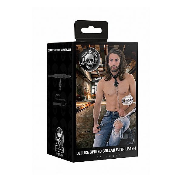 Ouch! Skulls And Bones Neck Chain With Spikes And Leash Black - Temptations