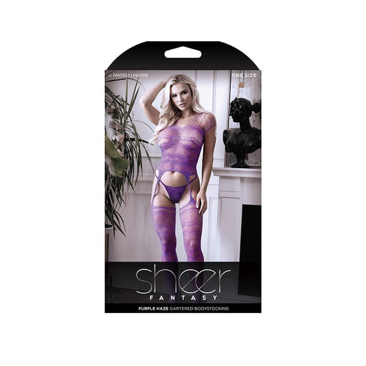 Purple Haze Gartered Bodystocking One Size - Temptations