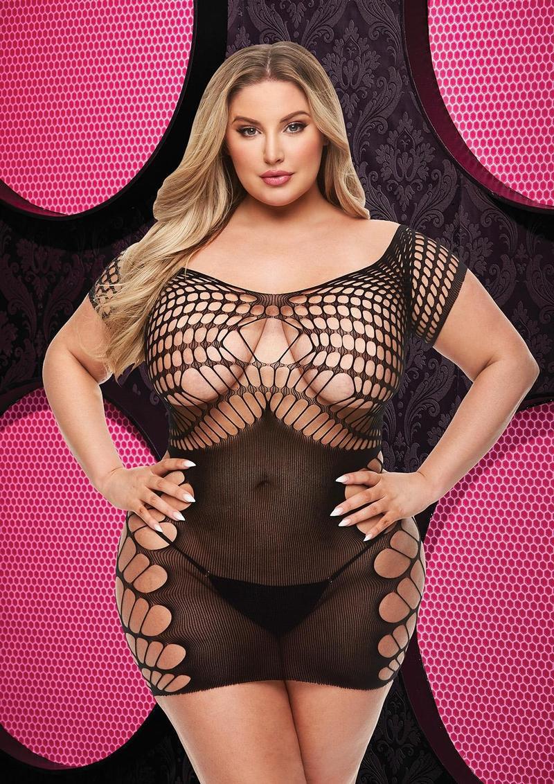 SEXY FISHNET AND LACE HALTER DRESS - BLK - Q - Temptations