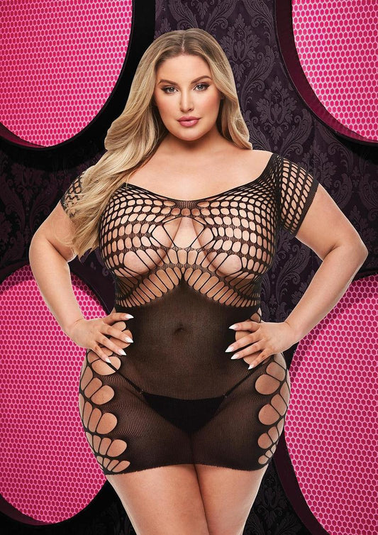 SEXY FISHNET AND LACE HALTER DRESS - BLK - Q - Temptations