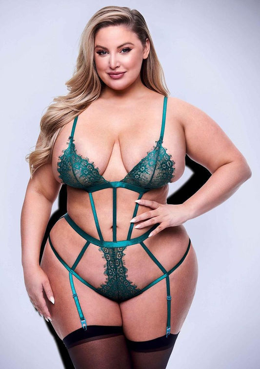 SEXY STRAPPY LACE TEDDY WITH GARTERS - GRN Q - Temptations