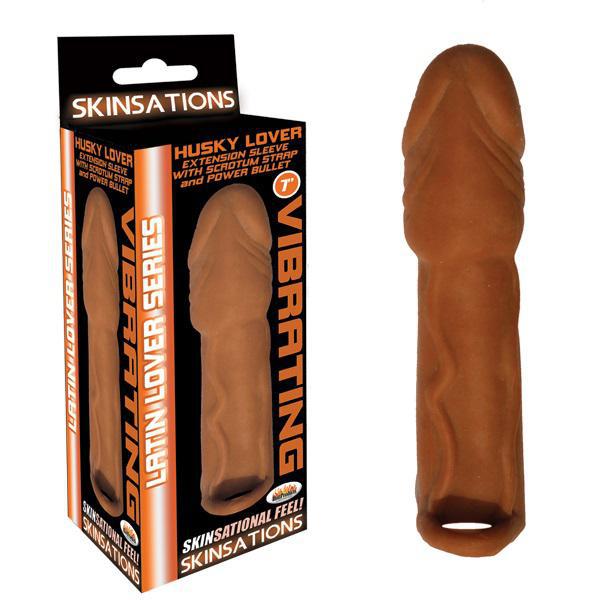 Skinsations Latin Lover Series Husky Lover Extension Sleeve With Power Bullet & Scrotum Strap 7" - Temptations