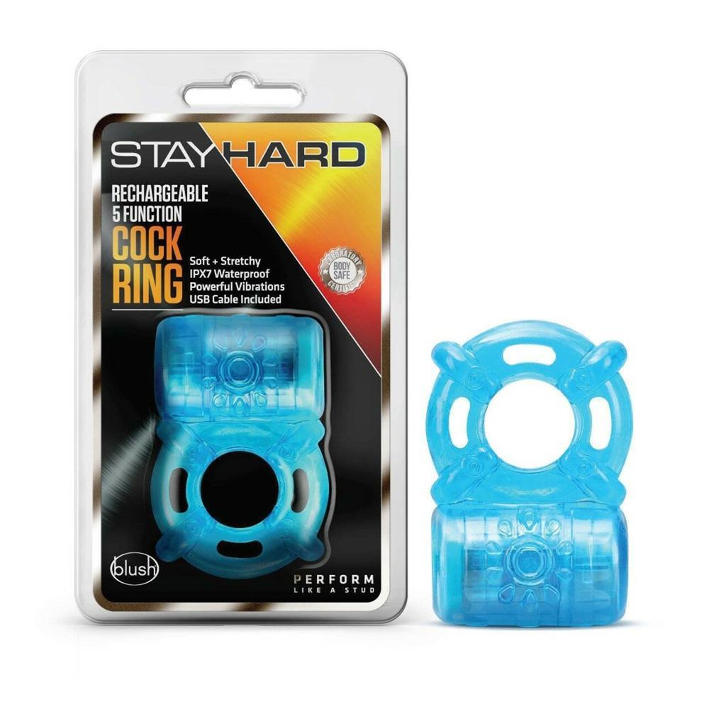 Stay Hard Rechargeable 5 Function Cock Ring Blue - Temptations