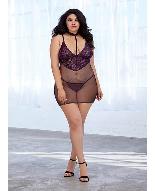 Stretch Galloon Lace & Fishnet Collared Chemise w/G - String Eggplant QN - Temptations