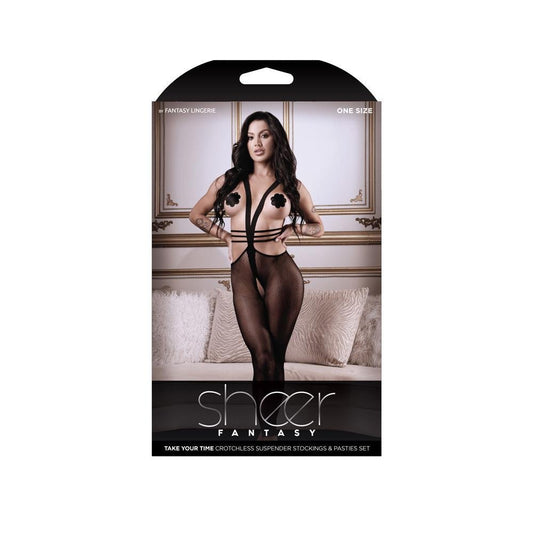 Take Your Time Crotchless Suspender Stockings & Pasties Set One Size - Temptations