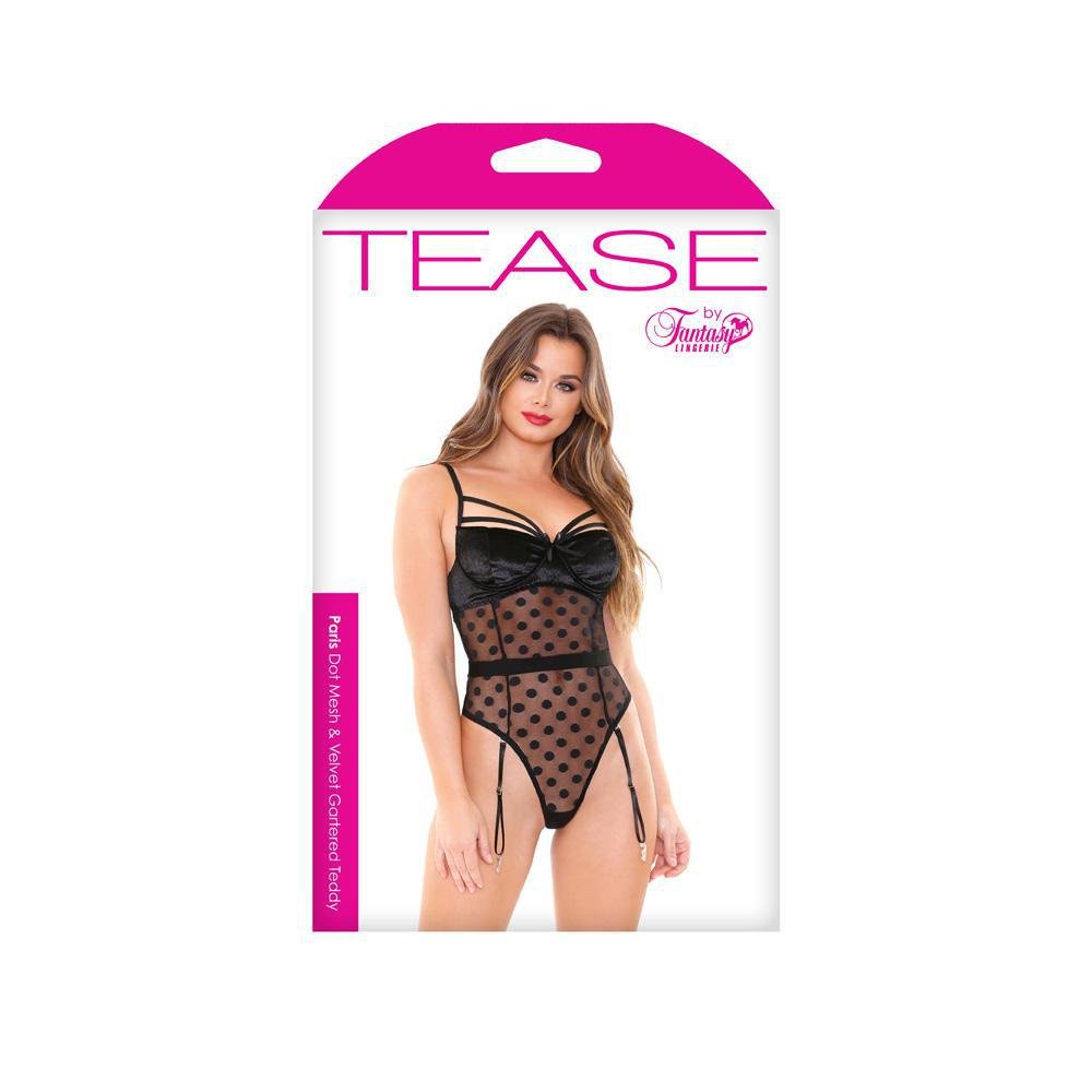 Tease Paris Dot Mesh & Velvet Gartered Teddy - M/L Boxed - Temptations