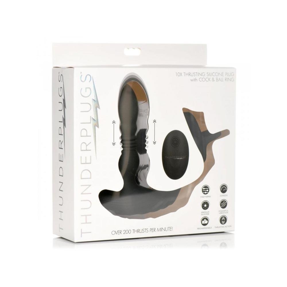Thunder Plugs 10X Thrusting Silicone Vibrator W/ Cock & Ball Strap & Remote - Temptations