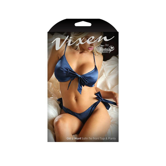 Vixen Girl U Want Satin Tie Front Top & Panty One Size - Temptations